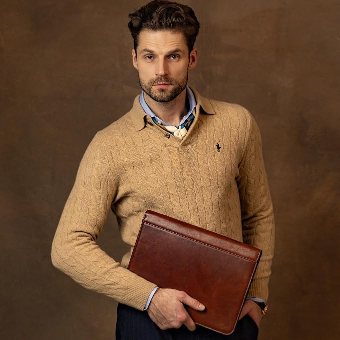Time Resistance Leather Portfolio - A4 Document Folder - Italian Handcrafted Padfolio Organizer (Cognac Brown) - Gift Box Included