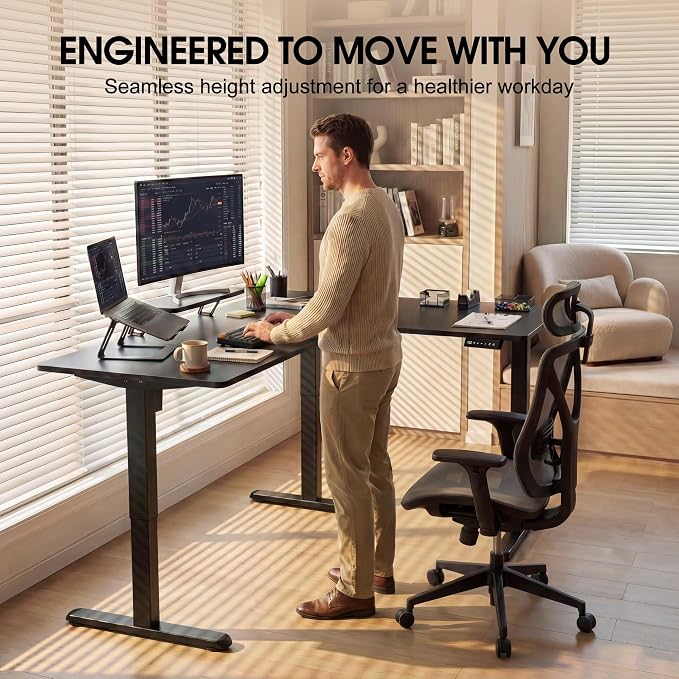 Furmax 63 x 47 Inch L Shaped Standing Desk with 2 Preset Heights, Electric Height Adjustable Computer Desk, Corner Sit Stand Desk for Home Office, 2 Hooks & Feet Balance (Black, 63 x 47 Inch)