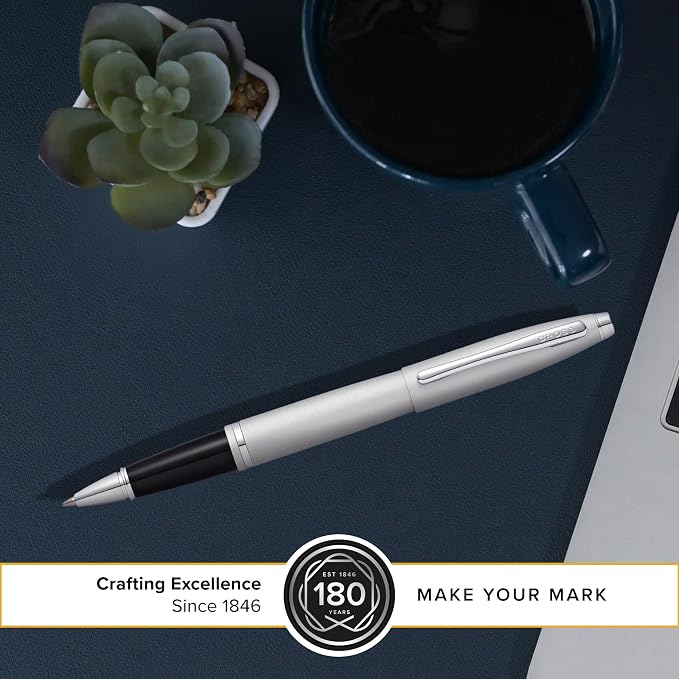 Cross Calais Satin Chrome Rollerball Pen - High-End Pen for Everyday Use - Professional Desk Essential - Smooth Writing - Durable Construction - Black Ink - Gift Box Included