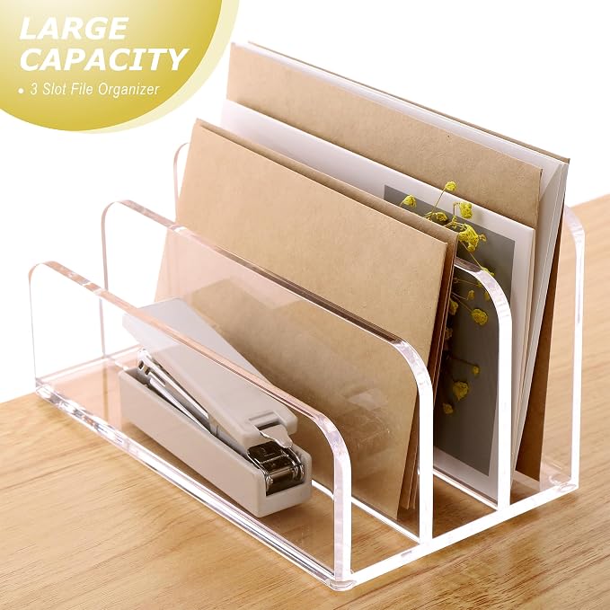 SANRUI Clear Acrylic Mail File Organizer Sorters for Desk, 3 slot Laddered | Desktop Vertical Letter Holder, Multifunction Envelope Folder Racks Holders for Office,Home, School