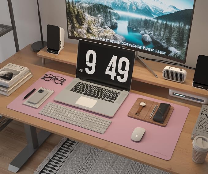 RENMTURE Dual-Sided Large Desk Pad, Faux Leather Natural Cork Mouse pad, Desk Accessories Protector, for Office and Home Work (Dusky Pink, 23.6" x 13.7")