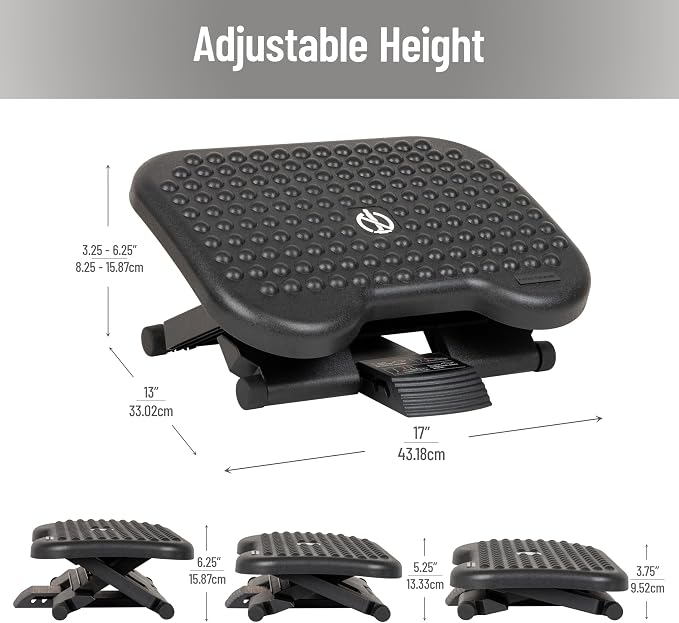 Mind Reader Foot Rest, Under Desk at Work, Ergonomic, Height Adjustable, Office, Plastic, Black