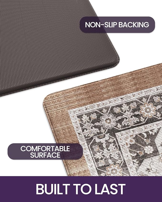 DEXI Kitchen Floor Mats Cushioned Anti Fatigue, 23x86 Long Wide Standing Comfort Runner Rug, Waterproof Retro Floral Memory Foam Padded for Front Sink Laundry, Black/Brown