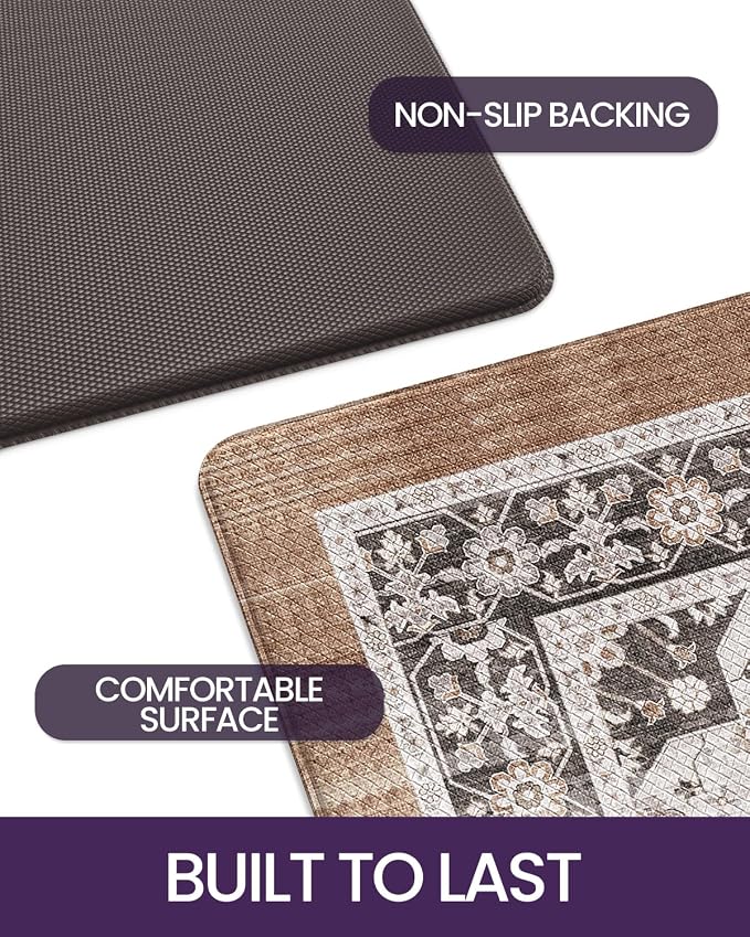 DEXI Kitchen Floor Mats Cushioned Anti Fatigue, 23x86 Long Rubber Standing Comfort Runner Rug, Waterproof Retro Floral Memory Foam Padded for Front Sink Laundry, Black/Brown