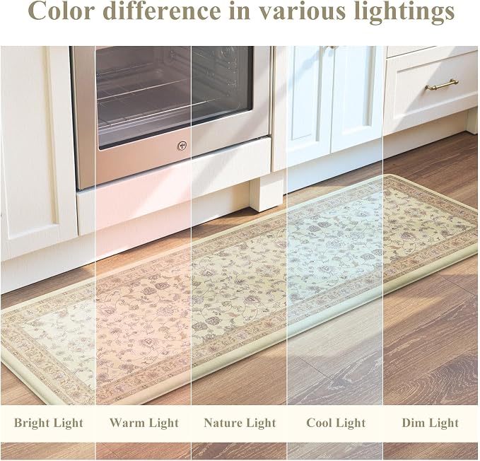 KIMODE Cushioned Kitchen Mats for Floor,Anti Fatigue Kitchen Rug Sets of 2 | Beige,Padded Kitchen Mats,Memory Foam Kitchen Mat Waterproof, Vintage Kitchen Rugs Non Slip for Laundry Office Home Decor