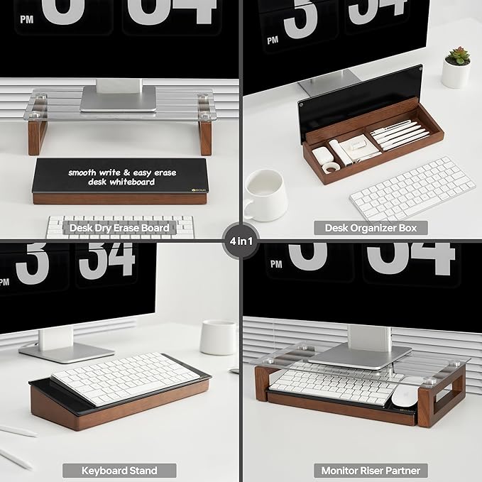 Desktop Black Glass Dry Erase Board with Wood Organizers for Small Office Supplies, Desk Whiteboard with Drawer for Home Office Cubicle, Accessories Included, Yeoux | Build With Soild Walnut Wood & Tempered Glass, Small Office Supplies Storage, For Hom...