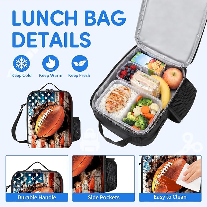3PCS Football Backpack for Boys Girls Teens, School Backpack with Lunch Box Pencil Case for Elementary Middle High Students, 17 Inch Lightweight Bookpack 3 in 1 Set Back to Shool Supplies for Kids