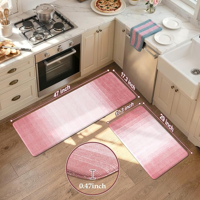 KIMODE Kitchen Anti Fatigue Mats, Boho Farmhouse Kitchen Rugs Sets of 2 | Gradient Pink Memory Foam Kitchen Mats for Floor,Cushioned Rugs for Kithcen Floor Decor Sink Laundry Office 17"x47"+17"x29"