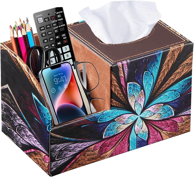 PU Leather Square Tissue Box Cover - Multi-Functional Tissue Box Holder | Tissue Box Cover with Storage,Tissue and Remote Control Holder,Cube Tissue Box Organizer Bedroom Nightstand End Table