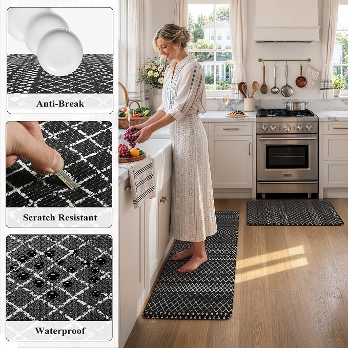 KIMODE Anti Fatigue Mats for Kitchen Floor 17"x47"+17"x29", Black Boho Distressed Kitchen Rugs Sets of 2, Cushioned Kitchen Floor Mats, Non Slip Standing Mats for Sink Laundry Room Decor Office Desk