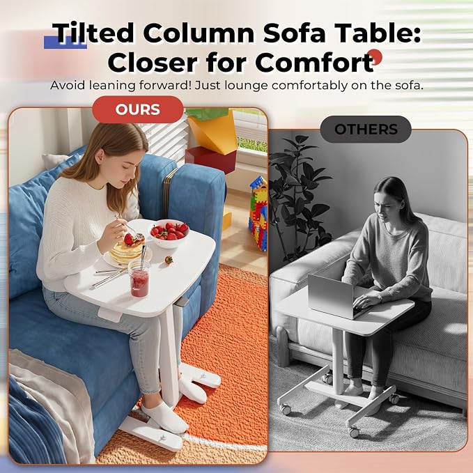 JOY worker Low Height Small Mobile Standing Desk for Couch, Height Adjustable TV Tray Table with 90° Foldable MDF Desktop, Portable Laptop Desk with Low Base & Lockable Hidden Casters, White