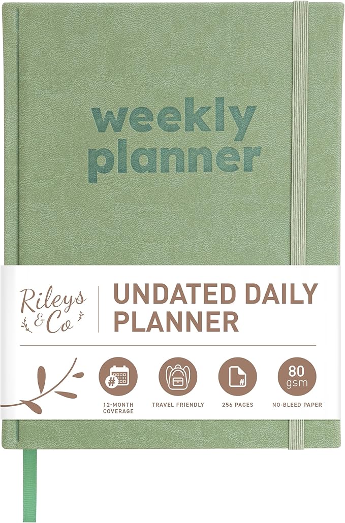 Rileys & Co Undated Daily Planner 8 x 6 in, Day Schedule Planner & Agenda Book, Journal with Goal & Habit Tracker, No Dates Dateless Annual Organizer for Work, School & Home - Green