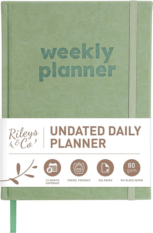 Rileys & Co Undated Daily Planner 8 x 6 in, Day Schedule Planner & Agenda Book, Journal with Goal & Habit Tracker, No Dates Dateless Annual Organizer for Work, School & Home - Green