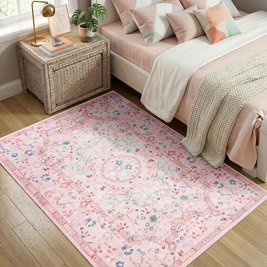 3x5 Area Rugs for Bedroom, Pink Machine Washable Rug, Non-Slip Low Pile Throw Rugs with Rubber Backing Printed Vintage Floral Carpet for Living Room Dining Room Kitchen Home Decor