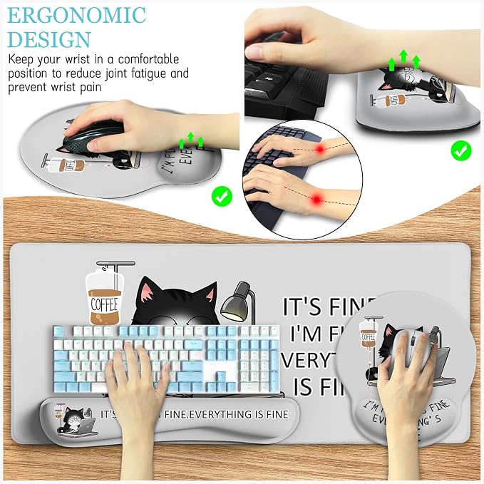 LIMKRIAN Cat Ergonomic Mouse Pad with Wrist Rest Desk Mat Sets Accessories, Cute Mouse Pads for Desk, Gaming Mouse Pad Wrist Support, Keyboard Mat Wrist Rest Cup Coaster Funny Office Desk Accessories