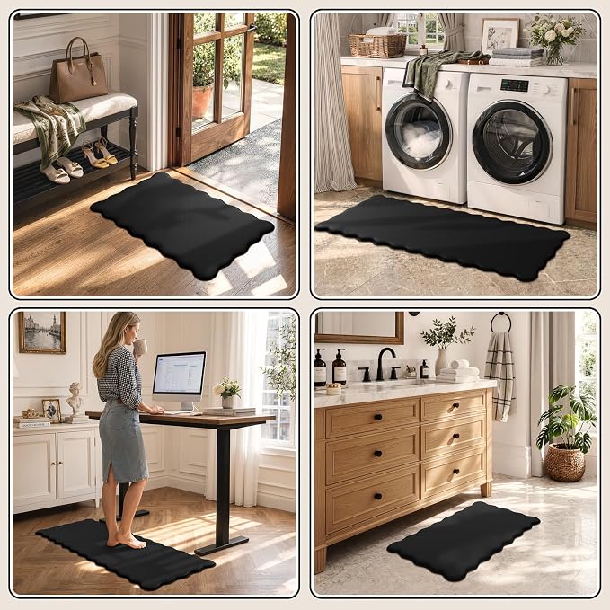 KIMODE Scalloped Kitchen Mats for Floor Cushioned Anti Fatigue Black Wavy | Paded Kitchen Floor Mat Non Slip,Farmhouse Kitchen Rugs Sink Sets of 2 Comfort Memory Foam Carpet for Office Laundry Dorm RV