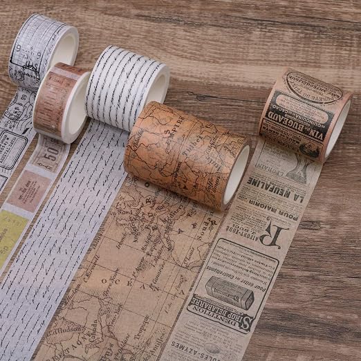 Knaid Vintage Washi Tape Set, Assorted 5 Rolls of Decorative Colored Masking Tapes for Scrapbooking, DIY Decor and Crafts, Bullet Journals, Planners, Junk Journal, Gift Wrapping