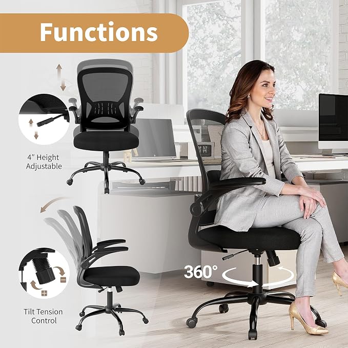 Youhauchair Adjustable Mesh Ergonomic Office Chair with Wheels, Black | Flip-up Arms, Lumbar Support, Home Desk Chair, Height Adjustable, Breathable, Mid Back Swivel Compurter Chair, Set of 1