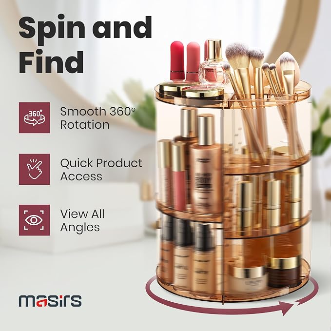 Masirs 360 Rotating Makeup Organizer Countertop, Adjustable Shelf, Brown | 360-Degree Rotating Makeup Organizer, Adjustable Shelf Height, Cosmetic Perfume Skincare Storage, Vanity Countertop, Brown