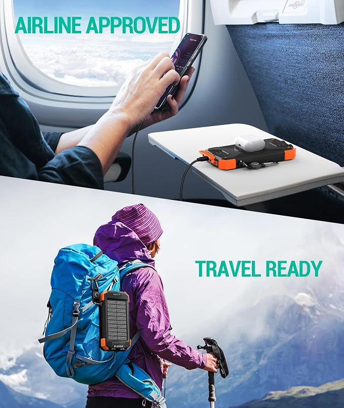 BLAVOR Solar Power Bank 10,000mAh, Portable Wireless Charger, 20W Fast Charging External Battery Pack with USB C for Cell Phones, Solar Panel Charging with Dual Flashlight for Camping