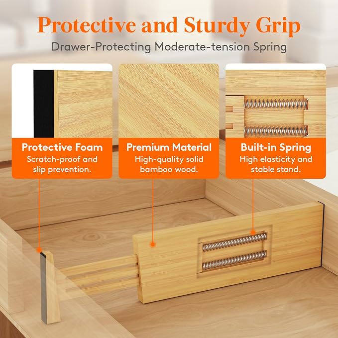 Lifewit 4" High 4 Pack Bamboo Drawer Dividers 31-40cm/12-16 Adjustable Wooden Drawer Organizer for Clothes/Utensils, Expandable Drawer Separator for Dresser/Kitchen/Bedroom/Office Organization