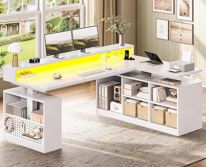 SEDETA L Shaped Electric Standing Desk, 63 inch Height Adjustable Corner Computer Desk with Storage Shelves and LED Lights, Corner Gaming Desk with Power Outlet and Pegboard for Home Office, White