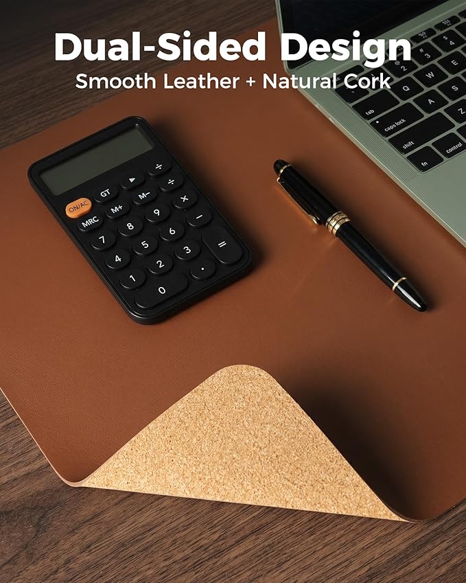 Aothia Double-Sided Desk Pad, Leather Desk Mat, Eco Cork Desk Pad Protector, Large Mouse Pad, Waterproof Desk Blotter Protector for Office/Home (25.6"x13.7", Brown)
