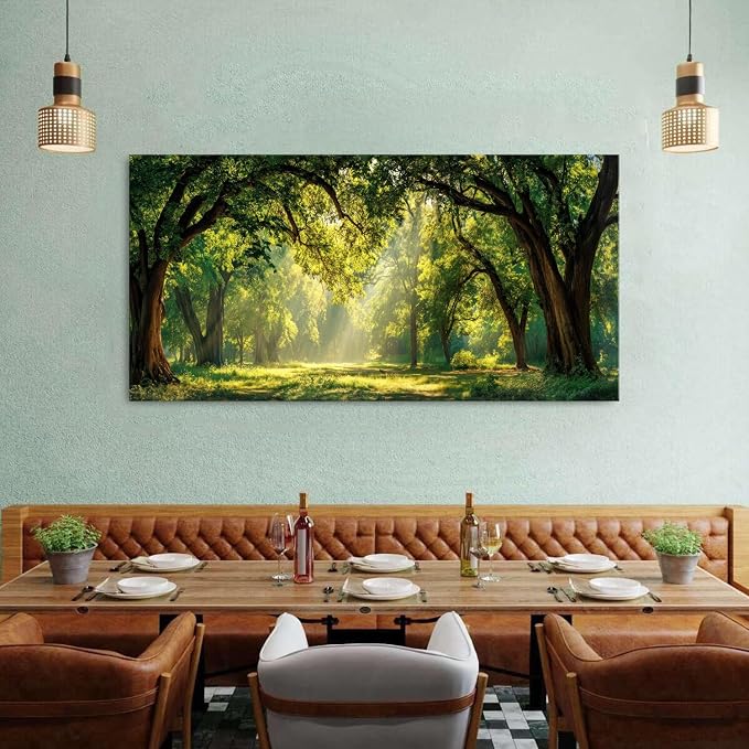 AIYISU Green Forest Wall Art Panoramic Woodland Landscape Canvas Pictures Nature Wall Decor Sunrise Sunlight Trees Scenery Poster Living Room Bedroom Office Hallway Cabin Lodge Home Decoration 30x60