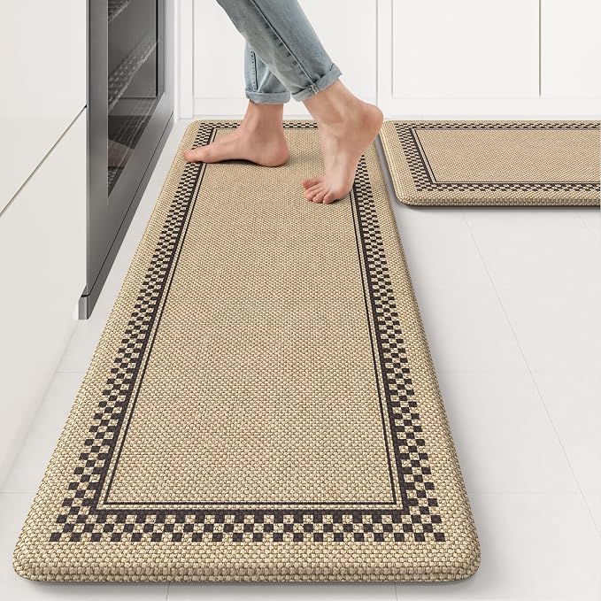 KIMODE Kitchen Mats Cushioned Anti Fatigue, Jute Geometric Kitchen Rugs Set | Padded Kitchen Floor Mats Non Slip, Spring Standing Mats for Kitchen Decor Bathroom Sink Laundry Office Desk 17"x47"+17"x29"