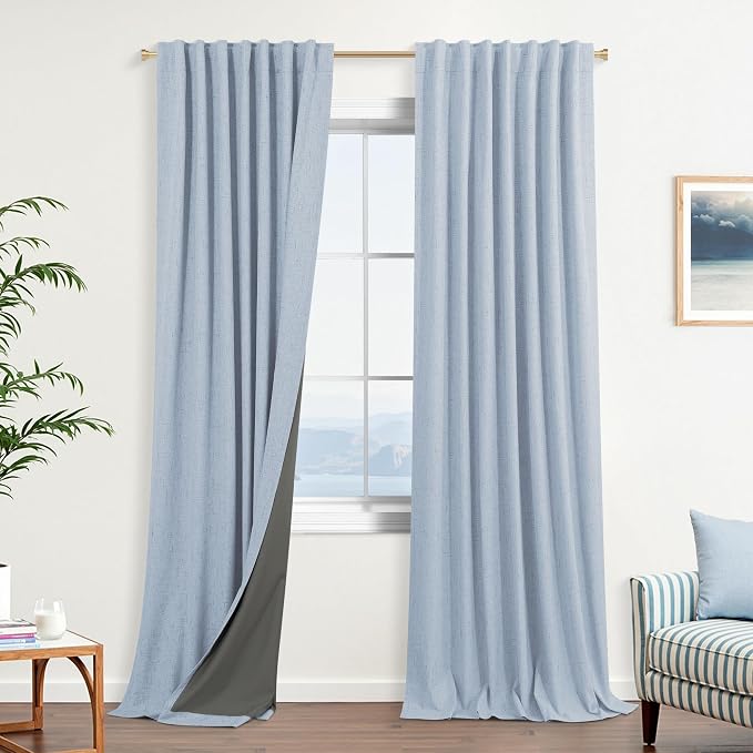 KOUFALL Light Blue Blackout Curtains 90 Inches Long, Linen Baby Sky Blue Thermal Insulated Black Out Curtains for Bedroom Nursery Boy Coastal Room Decor, Wide 52 x 90 Inch Length, 2 Panels Set