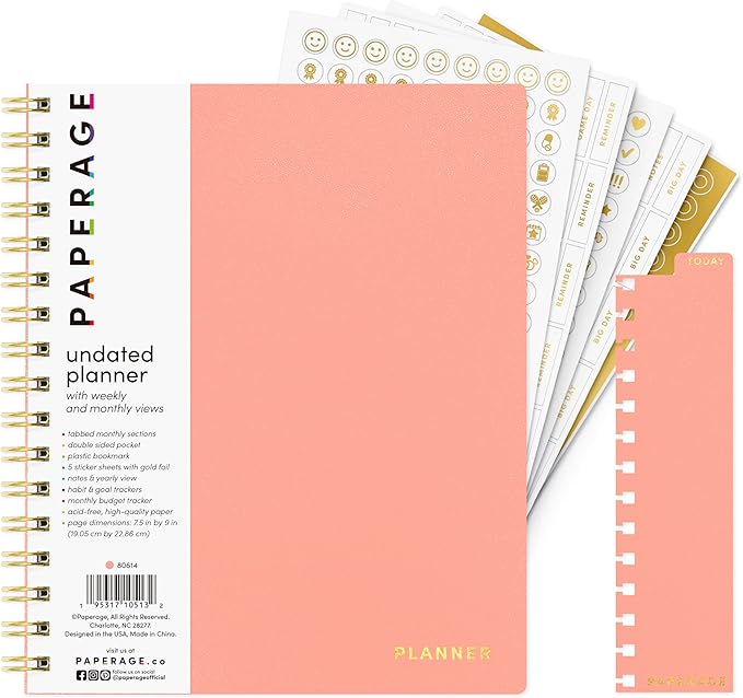 PAPERAGE Undated 12 Month Weekly & Monthly Planner with Durable Cover & Spiral Binding, 7.5 in x 9 in, Productivity Planner with Note Pages, Goals & Budget Trackers, Stickers & Bookmark (Coral)
