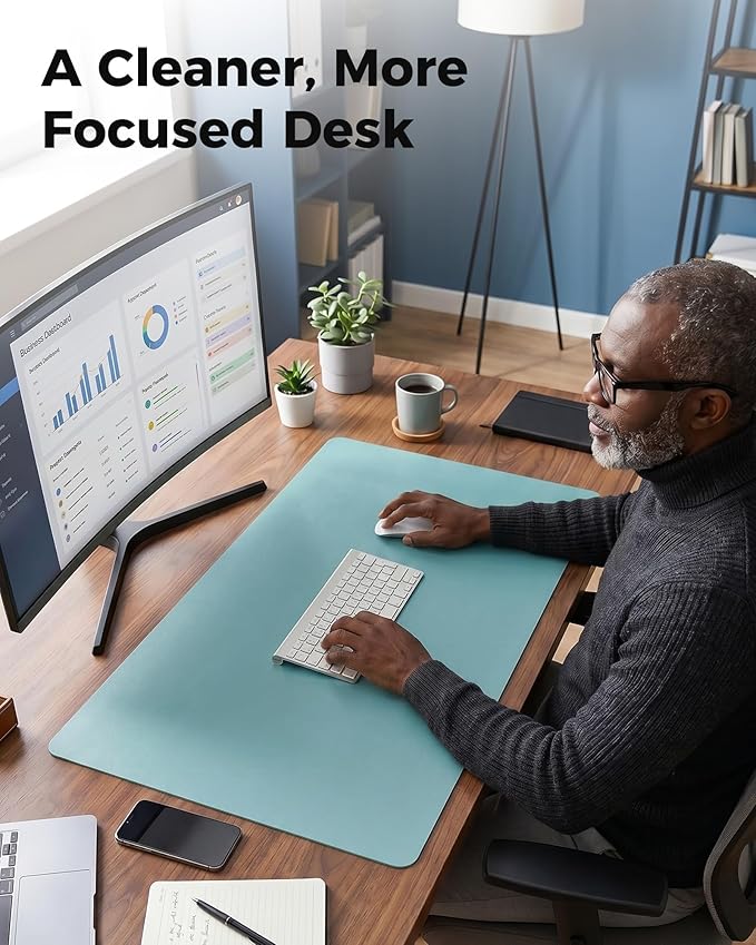 Aothia Double-Sided Desk Pad – 35.4" x 15.7" Leather Desk Mat with Eco Cork Protector, Large Mouse Pad, Waterproof Desk Blotter for Office/Home (Blue Topazn)