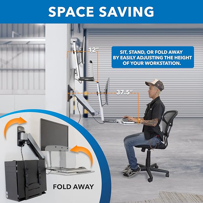 Mount-It! Wall Mounted Sit-Stand Single Monitor Workstation with Gas Spring Arm, Keyboard Tray & CPU Holder, 19.9” Height Adjustment, 41” Extension, VESA 75x75 100x100, MI-7905