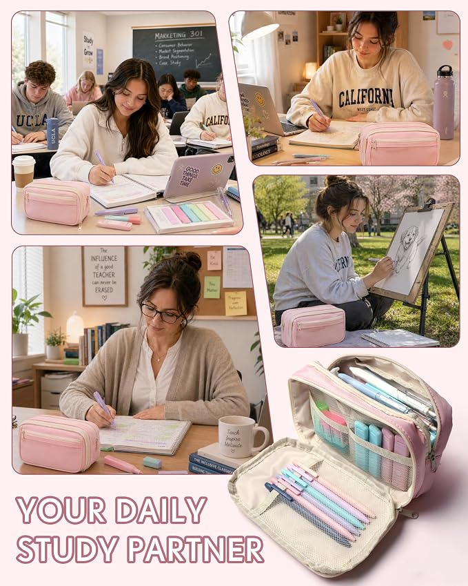 XKDOUS Preppy School Supplies Kit with Large Capacity Pen Case, 6 Mechanical Pencils 0.5mm & 0.7mm with 240 Lead Refills, 6 Pastel Highlighters, 5 Gel Pens for Stationary College Essentials Gifts