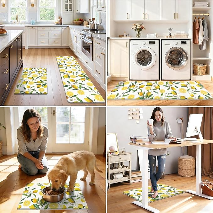 SHACOS Anti Fatigue Lemon Kitchen Mats for Floor 2 Pieces Set, Non Slip Cushioned Kitchen Rugs Set Standing Desk Mats and Runner Wipeable Waterproof Floor Mat for Home Office, 17"x27.5"+17"x59", White