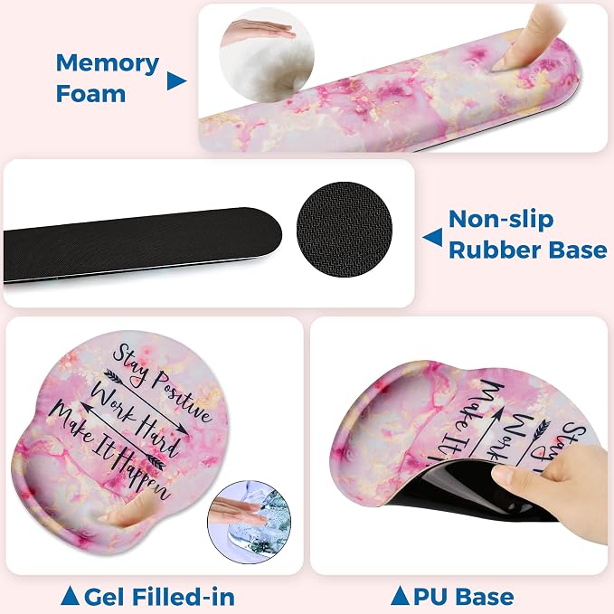 Mouse Pad and Keyboard Wrist Rest Support, with Non-Slip PU Base,Gel Mouse Pad with Coaster,Pain Relief for Gaming, Computer,Office -Pink Positive 2