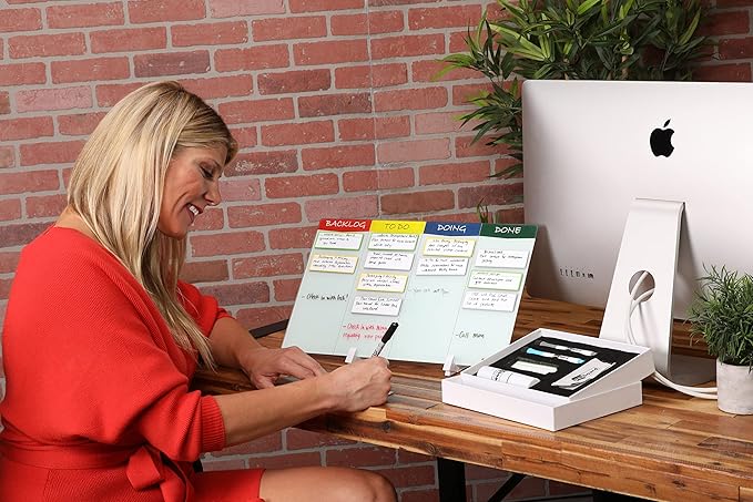 PMXBOARD Desktop Kanban Board & Whiteboard (Double-Sided) 18” x 11” Glass Dry Erase Board with Stand, 24 Reusable Task Cards, 6 Markers – Scrum Agile Project Management Desk Planner