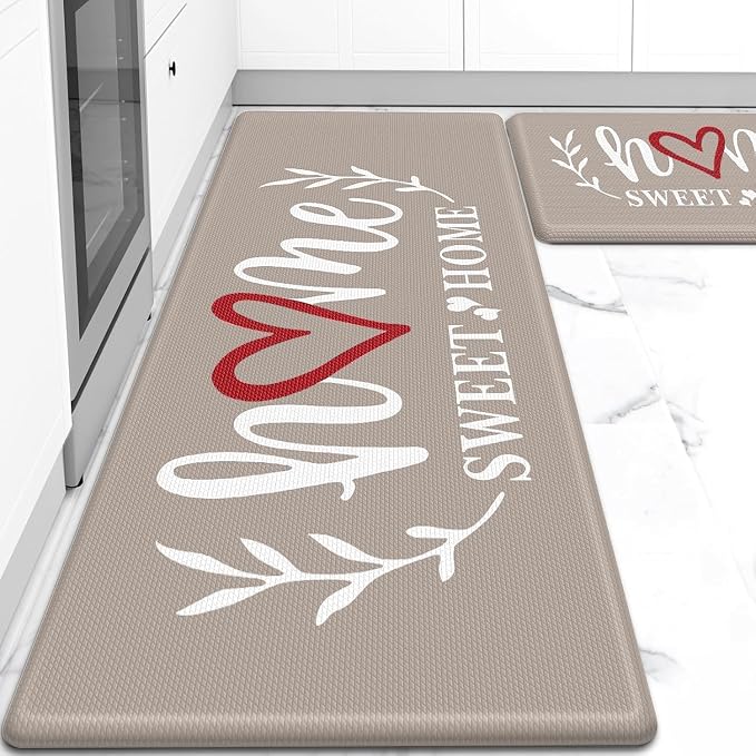 HappyTrends Kitchen Mat for Floor, 2PCS Cushioned Anti-Fatigue Kitchen Rugs, Waterproof Non-Slip Standing Mats and Rugs Set for Kitchen, Office, Laundry, Khaki, 17.3"×30"+17.3"×59"