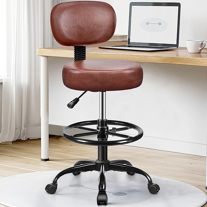 Brick Attic Drafting Chair with Backrest – Adjustable Foot Rest Rolling Stool with Wheels, PU Leather Swivel Stool for Office Spa Studio Lab Counter Salon Home Work Bar Kitchen Shop(Ember Brown)
