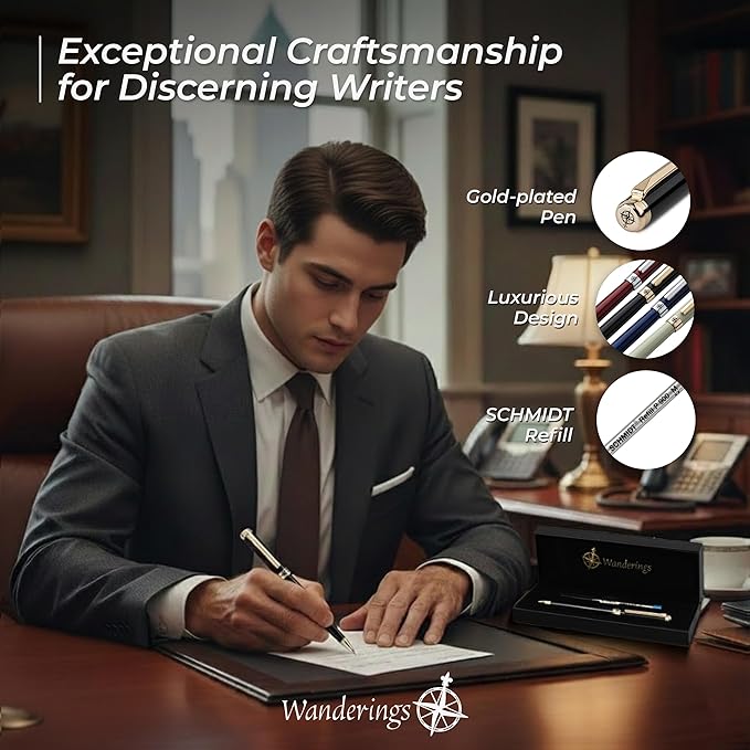 WANDERINGS Premium Rollerball Pen with German Ink – Perfectly Balanced for a Superb Writing Experience, 24K Gold Plated Black – Piano Black - Includes a Schmidt Refill in a Giftable Presentation Case