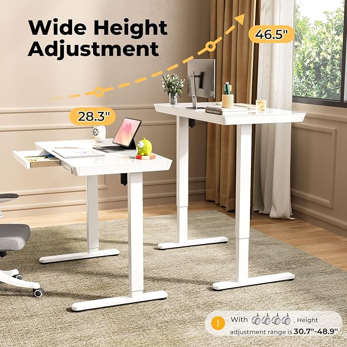 Glass Electric Standing Desk with Drawer, 40" x 20" Whole Piece Samll Sit Stand Table, Height Adjustable Desk with Storage & USB Ports, Quick Install Home Office Computer Desk, White