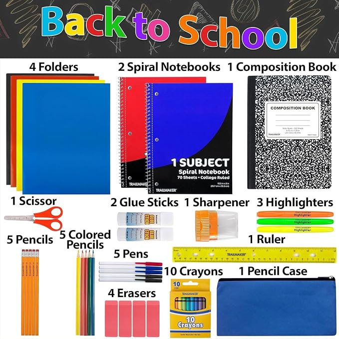 Trailmaker 480 Pack Bulk School Supply Kits | 45 Piece Classroom Supply Sets for Elementary & Middle School | Notebooks, Pencils, Crayons & Essentials | Ready-to-Distribute Kits for Teachers, Districts & Organizations