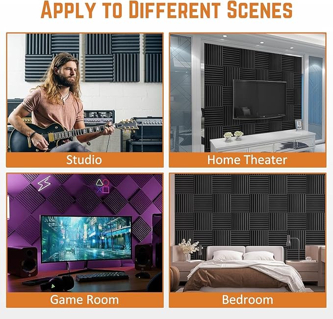 70 Pack Acoustic Foam Panels, 1" x 12"x 12" Sound Proof Foam Panels For Wall Fire Resistant, Noise Cancelling Dampening Sound Absorbing Black Wedge Panels For Studio Recording & Office & Home