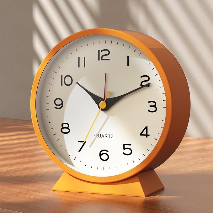 AYRELY® 4.5" Analog Alarm Clock, Small Retro Desk Clock and Table Clock | Battery Operated, Silent Metal Table Clock with Light for Living Room Decor, Bedroom, Bedside and Shelf (Orange)