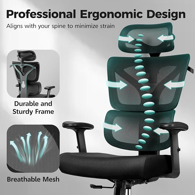 Ergonomic High Back Mesh Office Chair, Lumbar Support (Black) | Smooth 90° to 135° recline for work, read, or rest. Swivel big and tall gaming Chair. Adjustable armrest headrest height.