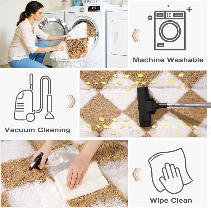 Area Rugs for Living Room Bedroom 8x10, Ultra Fluffy Shag Checkered Rug Modern Washable Carpet Soft Shaggy Non Slip Indoor Plush Fuzzy Rugs for Bedroom Dorm Office Home Aesthetic Decor, White Camel