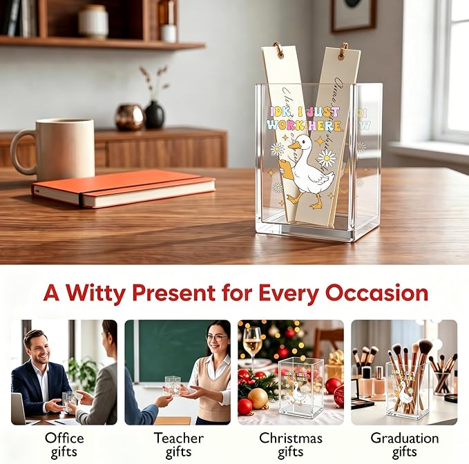 Funny Goose Acrylic Cosmetic Pen Pencil Holder Cup, I Just Work Here Pencil Organizer, Cute Unique Office Desk Accessories, Humorous Sarcastic Gifts for Women Boss Colleague Teacher（A02）