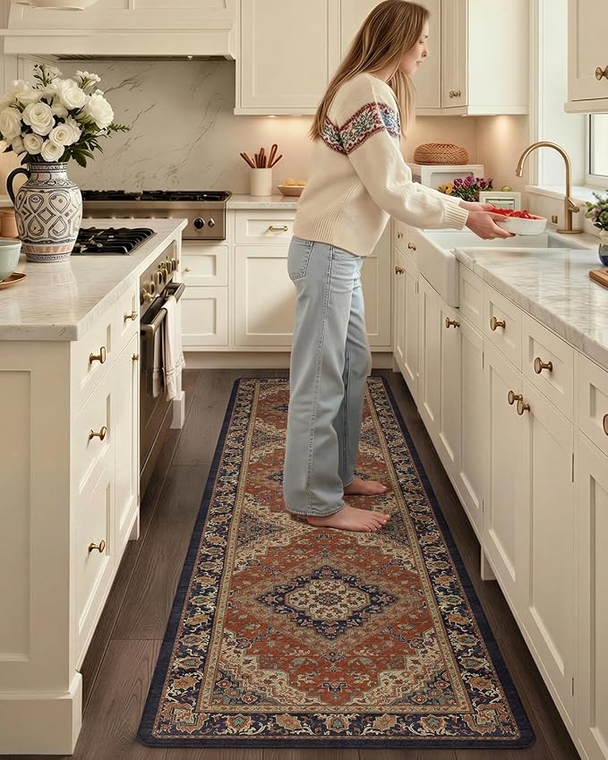 Color&Geometry Kitchen Floor Mat 24x87 Vintage Anti Fatigue, Warm Coral | 0.4in Cushion Standing Mat For Cooking/Working/Laundry, Boho Decor, Non Slip PVC Kitchen Rug, Oil/Water Proof, Anti Slip