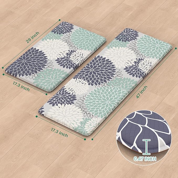 KIMODE Anti Fatigue Kitchen Mat 2PCS Kitchen Mat for Floor Cushioned | 17"x47"+17"x29",Dahlia Floral,Red, Farmhouse Floor Mats set of 2,Non Slip,Waterproof,Comfort Mat for Sink Office Laundry home
