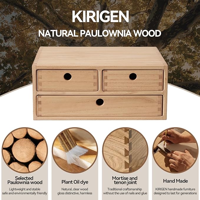 KIRIGEN Wood Desk Organizer with 3 Drawers, Desktop Storage, Natural 23-NA | Wooden Desktop Drawer Hold A4 Papers, Stationery, Jewelry, and Makeup, Fully Assembled for Home Office